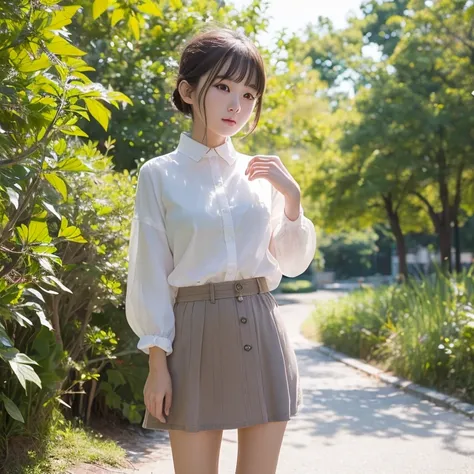 top-quality、超A high resolution、(Photorealsitic:1.4)、Raw photography、独奏、cute little、detailed beautiful faces、1womanl、24 year old、season、autumnal、a park、Shorthair、a miniskirt、posterior view、white  clothes