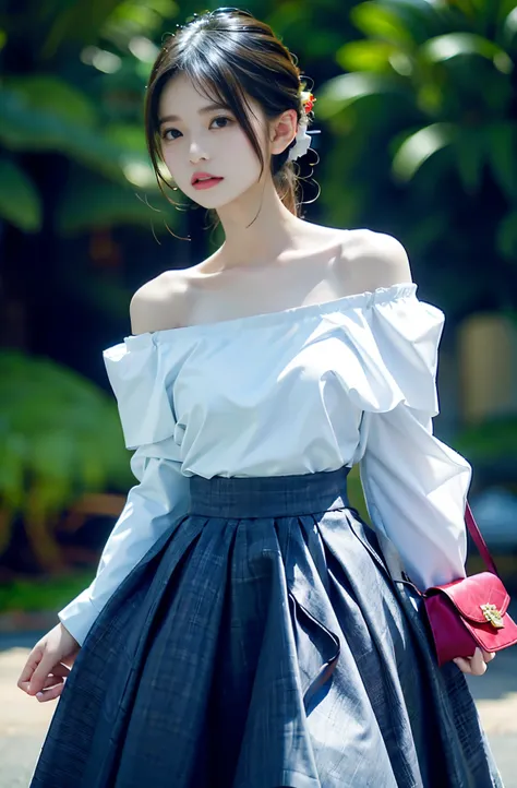 The off-the-shoulder top is available in white only、long  skirt