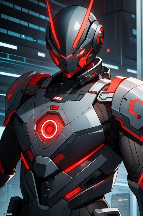 cyberpunk, android, red and black bodyarmor, red and black bodysuit, red eyes, cybernetic suit, high quality,