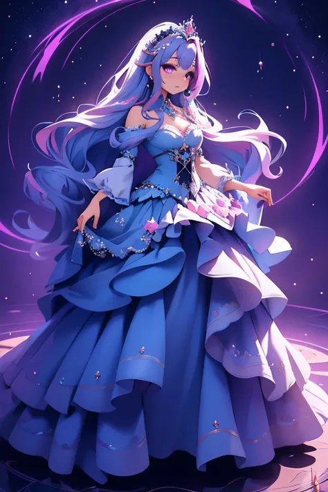 In a realm where dreams materialize, a vision of enchantment unfolds—a resplendent princess with cascading locks of multicolored blue and purple hair, crowned with ethereal beauty. Her radiant presence illuminates the surroundings, as if she carries the es...