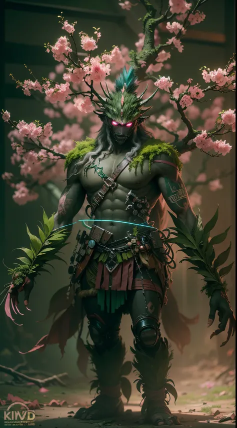 (The king)，(Cyberpunk Treeman)，metal leaves，wired branches，glowing light eyes，mechanical bark，with moss-covered bark，tribe outfit，(ancient tribal markings)，control tendrils extending from the arms，Neon lights dancing on the body，(Lightning around branches ...