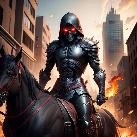 skeleton warrior，Black armor，red color eyes，ride horse，Armed with a long knife，Burning background，city ruins，Background shopping street