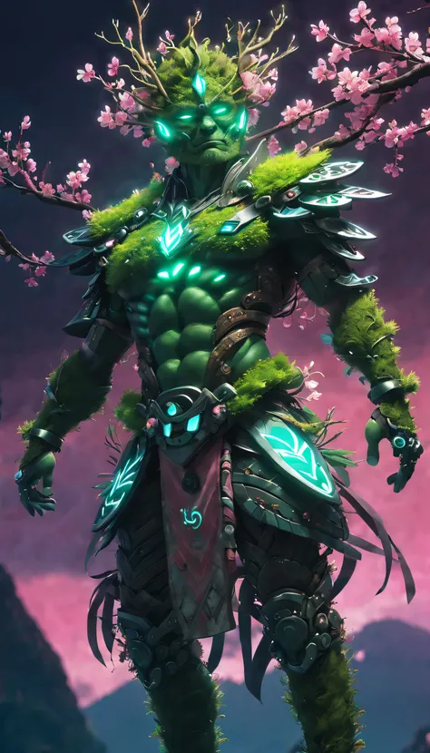 (The king)，(Cyberpunk Treeman)，metal leaves，wired branches，glowing light eyes，mechanical bark，with moss-covered bark，tribe outfit，(ancient tribal markings)，control tendrils extending from the arms，Neon lights dancing on the body，(Lightning around branches ...