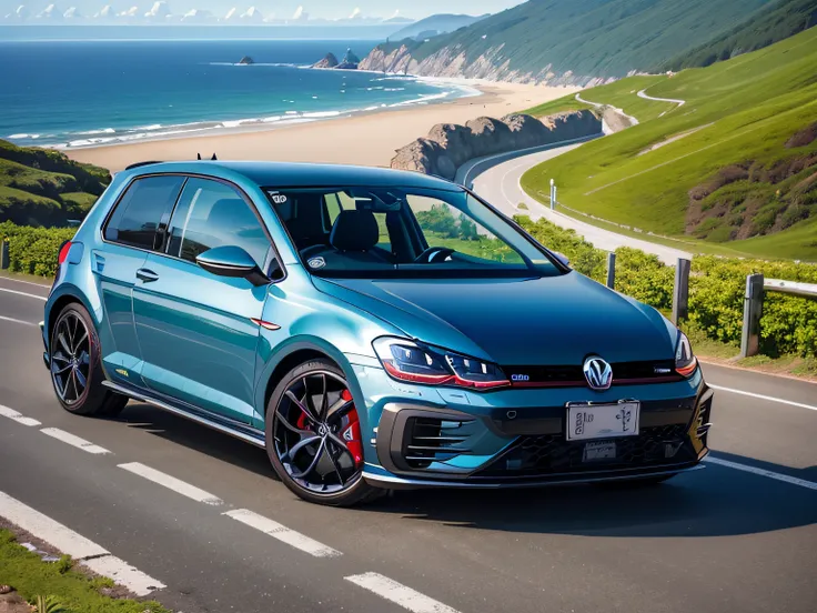 超A high resolution、An ultra-high picture quality、8K、Detailed details、marvelous expression、early summer coastline、Beautiful fresh greenery and lapping waves、A blue sports car runs gracefully on the mountain pass road along the coast.......、((Volkswagen Golf...