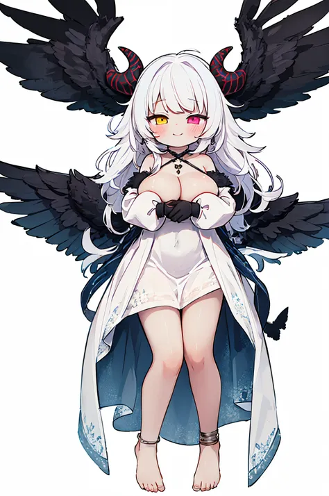 solo, child,1girl, horns, wings, heterochromia, dress, barefoot, long hair, white background, yellow eyes, white hair, simple background, white dress, black wings, jewelry, full body, very long hair, feathered wings, eyebrows visible through hair, looking ...