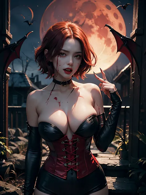 1girl, bloodrayne, black ribbons in hair on both sides, short blood red hair, tight red and black corset, shoulderless red and black sleeves, (((arm blades))), big boobs, perfect body, big thighs, red and black leggings, licking blood on finger, (((showing...