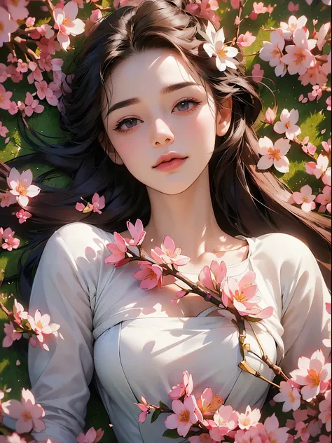 (close up face: 1.2), (upper body portrait: 1.3), ((woman lying in a flower garden)), ((fluttering cherry blossoms)), (((in the lawn))), early in the morning, (((top view, drone shot))), erotic pose, dramatic light