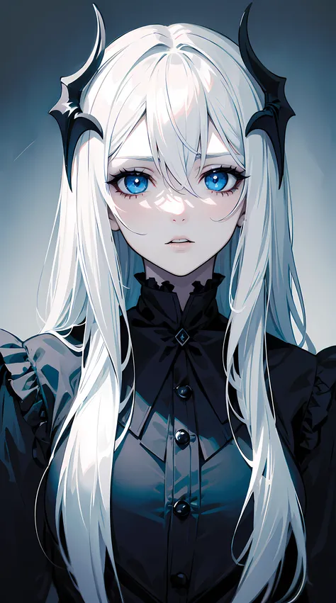 ((tmasterpiece)), Surreal, Portrait of a beautiful white-skinned vampire (Black enamel), dark make-up, Bright blue eyes, in a dark and gloomy environment. (Prompt in Portuguese)