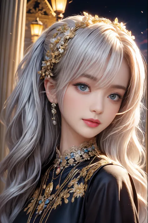 (Best quality,8K,1 plump girl,Colorful),(beautiful detailed eyes and face),电影lamplight,Broken,Ultra-detailed CG renderings,White hair,Alone,ssmile,Detailed dress,(Splendid petals),(Meadows full of flowers) sky sky, Cloudy_sky sky, architecture, rays of moo...