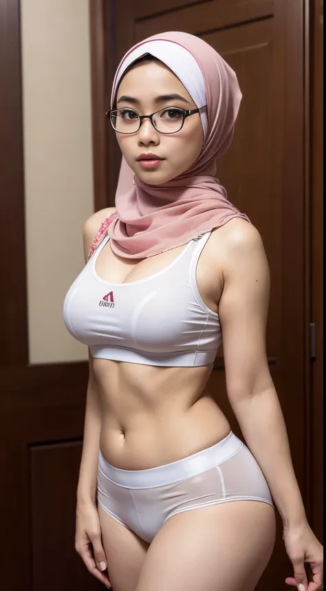 (iu:0.8),((small breast)),  chubby, RAW, Best quality, high resolution, Masterpiece: 1.3, Beautiful glasses javanese woman in translucent hijab, Masterpiece, Perfect slim body, Beautiful big eyes, Soft smile, Wearing sports bra