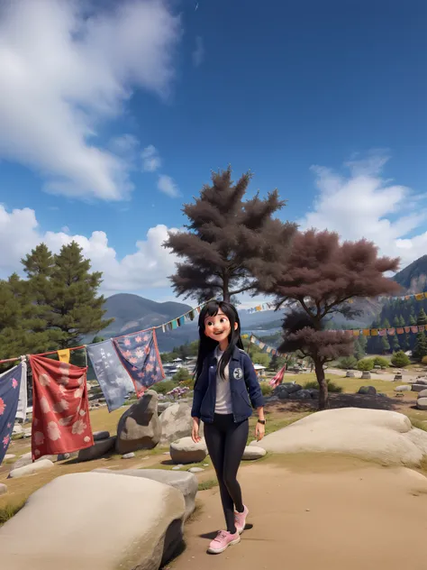 Girl standing on a rock laughing,wearing navy blue summer jacket,black leggins,white long socks,pink shoes,long black straight hair with aa beautiful senery and prayer flags at back