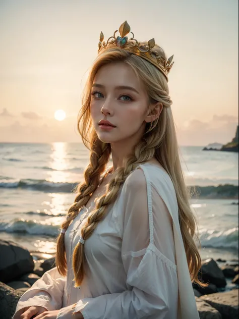 ,((Best quality at best))),8K,((tmasterpiece)),(Extremely Delicately Beautiful), There was a girl coming out of the sea, Swan princess in Russian mythology, beautiful calm face, eBlue eyes, Long blonde hair braided, Moon braid on back of head, Russian shin...