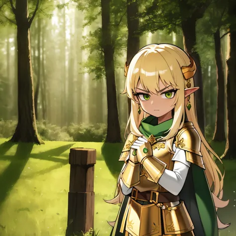 Young knightness, golden armor, elf, wood armor, green hairs, bull horns, green magic in hands, 4k, serious face, in a forest, lookong at viewer, masterpiece, hd, good anathomy, 4k