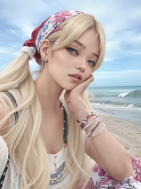 mulher loira com cabelos longos e bandana na praia, Lalisa Manobal, Lalisa Manoban do Blackpink, Sakimichan Frank Franzzeta, longos cabelos brancos e franja, menina perfeita de cabelos brancos, com longos cabelos brancos, Menina anime na vida real, com cab...