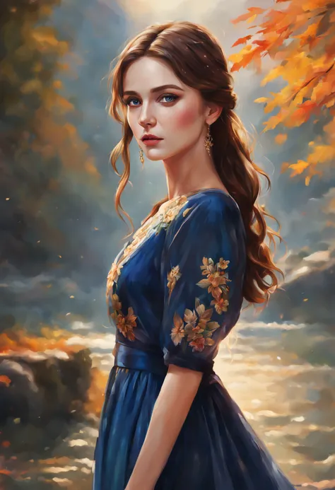 brown hair, dark blue eyes, natural pose, wearing a dress, (best quality, 4k, vibrant colors, ultra-detailed, realistic painting, sharp focus)