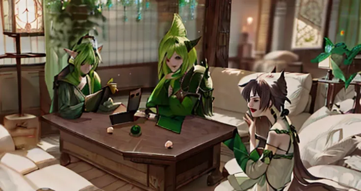 Three green monsters are sitting on the table in the living room, elf sitting on the sofa, tranding on pxiv, Roser sits at a table playing DND, <mmorpgs scene, final fantasy 1 4 screenshot, a plant monster, snap shot, final fantasy 14 style, Trends in PXIV...