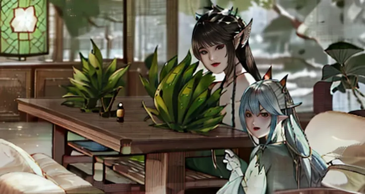 Three green monsters are sitting on the table in the living room, elf sitting on the sofa, tranding on pxiv, Roser sits at a table playing DND, <mmorpgs scene, final fantasy 1 4 screenshot, a plant monster, snap shot, final fantasy 14 style, Trends in PXIV...