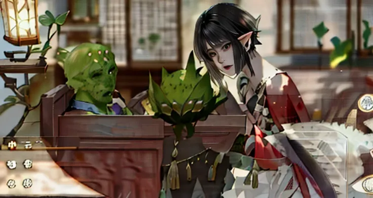 Three green monsters are sitting on the table in the living room, elf sitting on the sofa, tranding on pxiv, Roser sits at a table playing DND, <mmorpgs scene, final fantasy 1 4 screenshot, a plant monster, snap shot, final fantasy 14 style, Trends in PXIV...