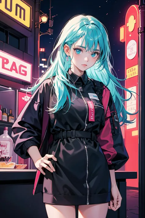 cool looking girl, wearing neon cloth, nightime bar