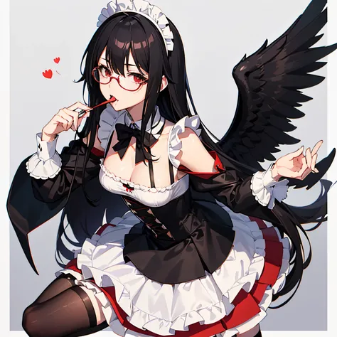 "anime girl, 1 person, black hair, shoulder length hair, red eyes, glasses, white horns, maid outfit, lolita maid, big breasts, stockings, licking lips, small black wings on her back, solo,  front view, service, (full HD 4K+ image)"