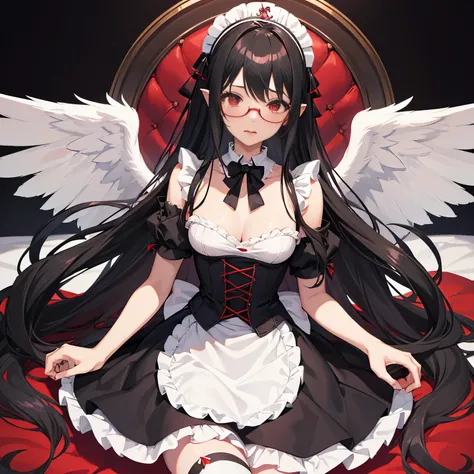 "anime girl, 1 person, black hair, shoulder length hair, red eyes, glasses, white horns, maid outfit, lolita maid, big breasts, stockings, licking lips, small black wings on her back, solo,  front view, service, (full HD 4K+ image)"