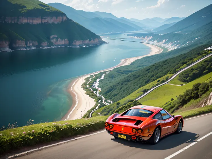 超A high resolution、An ultra-high picture quality、8K、Detailed details、marvelous expression、early summer coastline、Beautiful fresh greenery and lapping waves、A red sports car runs gracefully on the mountain pass road along the coast..........、((Ferrari 512 B...