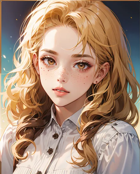 Brown girl with freckles and curly medium long blonde hair and bright brown eyes and brown plump lips stardew valley portrait