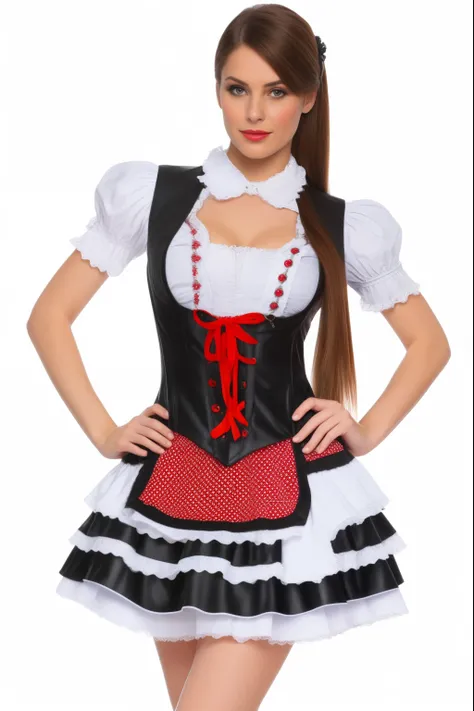 a woman in a blue and white skirt and a black leather bodice, Costume with red accents, Maid Costume, Festival costume, high-quality costume, Tracht, maid dress, Beautiful costume, Authentic costume, French maid, inspiriert von Bernd Fasching, maid outfit,...