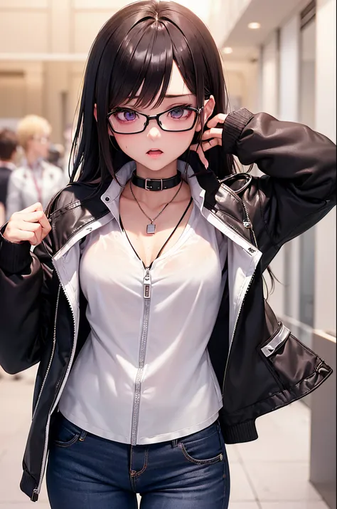 female gamer, ((wet thin white shirt, opened zip fashion wind breaker, hot pants, glasses, earring, necklace, blet, face mask, earphone, cute collar)), (idol charming aura, blur effect, bubble effect, black glowing pupil, arcade style make up, petite, blus...