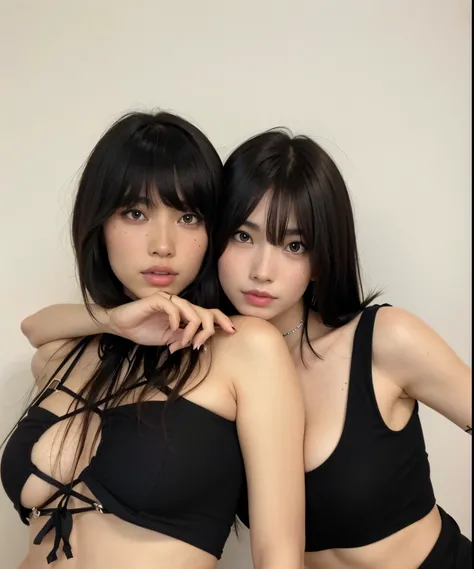 Dos mujeres en bikinis negros posando juntas para una foto, Hermoso retrato de Geminis Twins, beautiful gemini twins, con una gemela, Ella tiene el pelo negro con flequillo, inspirado por Wang Duo, foto de perfil, gemelos, ulzzang, con negro, Lily Frank, d...