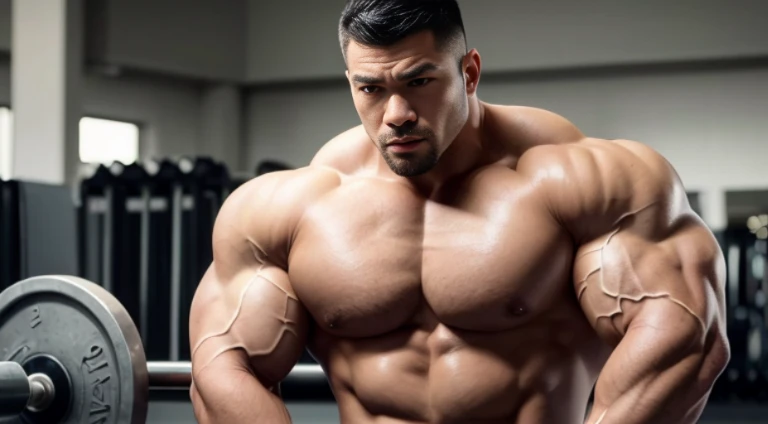 (Very detailed 8k wallpaper), Strong Asian Men, At the gym, high detailing, buzzcut, very large and strong body, bulging muscles, well-muscled, very large pectoral muscles. Very sexy abs, legs are muscular, Toned figure, lightens oily skin, muscular, Tank ...