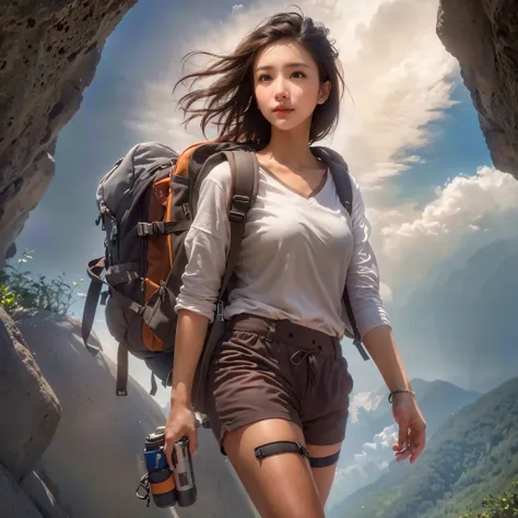 (Naturescape photography), (best quality), masterpiece:1.2, ultra high res, photorealistic:1.4, RAW photo, (Magnificent mountain, sea of clouds), (On a very high mountain peak), (sunset), (wideangle shot),  (Show cleavage:0.8),
(1girl), (Photo from the kne...