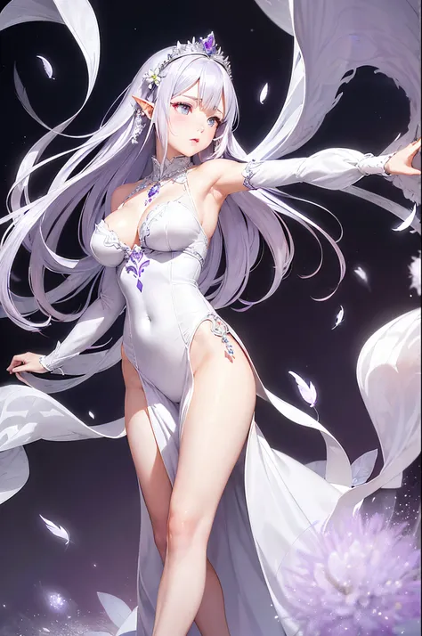 Emilia princess from Re:Zero kara Hajimeru Isekai Seikatsu, half elf, ((gorgeous white and purple elegant silk wedding dress, holding a bunch of clematis, silk accesory, veil, silver necklace, diamond ring, flower earring, belt, collar, silver crown, silk ...