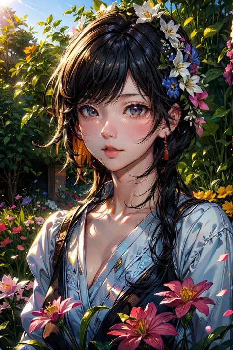 An outstanding masterpiece, High quality, Realistic, Vibrant colors, Beautiful detailed eyes, Beautiful detailed lips, girl, garden, Flowers, Sunshine, Soft lighting, Lively atmosphere, Medium: Oil Painting