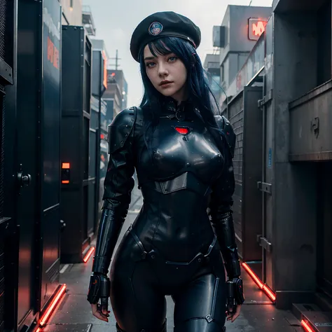 Young woman, dark blue hair, red eyes, goth girl, wearing black beret, mecha girl, robot girl, floating in air, robotic woman, metal in body, black iron, on a cyberpunk city, 4k, masterpiece, HD, anime 2D, good anathomy