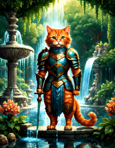 (pixel art:1.3), (solo:1.3), (side view:1.3), ((anthropomorphic heroic cat adorned with legendary armor)) in the enchanted grove...