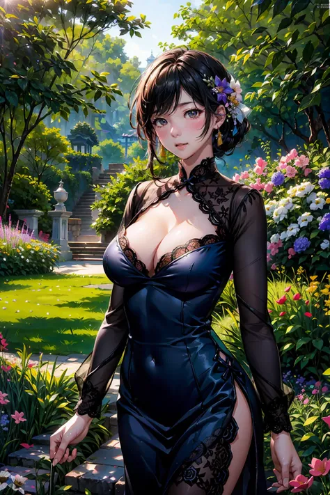 An outstanding masterpiece, High quality, Realistic, Vibrant colors, High-definition beauty face, Beautiful detailed eyes, Beautiful detailed lips, ((large full breasts)), girl, Lace dress, garden, Flowers, Sunshine, Soft lighting, 光线追踪, Lively atmosphere,...