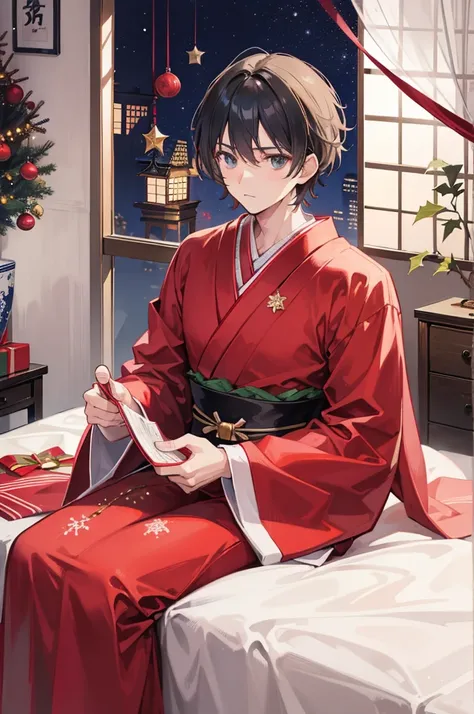 (of a man)，schoolboy，mature，Handsome face，Christmas dresses，A Japanese-style room，christmas，Christmas decorations