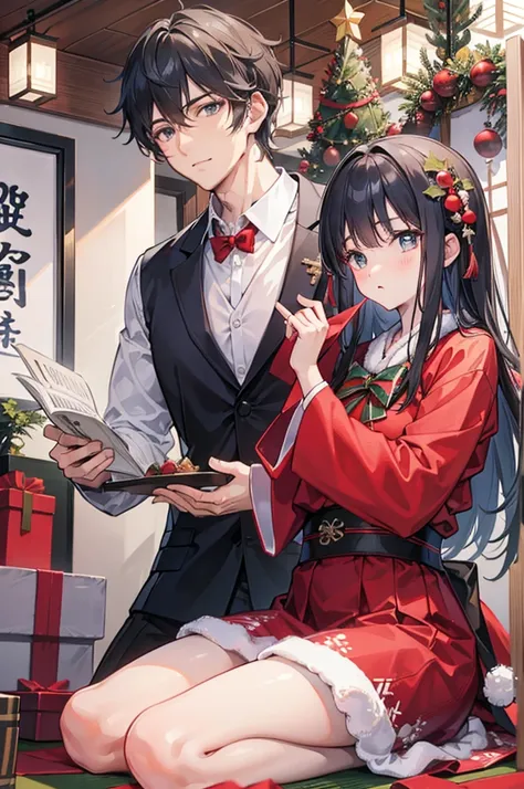 (of a man)，schoolboy，mature，Handsome face，Christmas dresses，A Japanese-style room，christmas，Christmas decorations