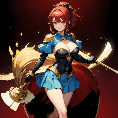 (masterpiece), expressive eyes, perfect face, 1girl, knight girl, solo, ponytail, hair over one eye, red hair BREAK detailed green armor BREAK large breasts, Cleavage, blue skirt BREAK yellow eyes BREAK gloves, boots, standing, smile, grin, abstract backgr...