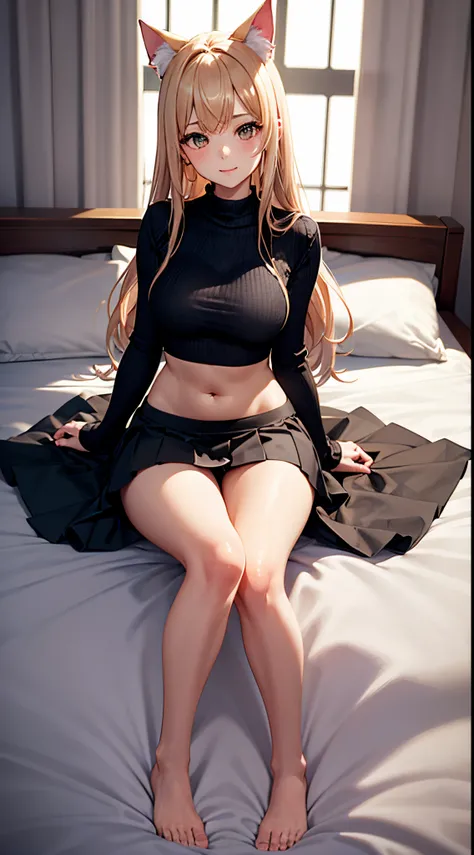 Cat-eared lady。anime figure。Sweaters。Skirt that wraps hips。adolable。blacksilk。onbed。Detailed five fingers。upper legs。Sitting on the stomach。dream magical。Perfect face。