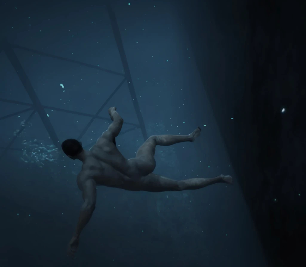 there is a naked black man that is swimming in the water, swimming deep underwater, body in water, swimming underwater, in a underwater horror scene, thalassophobia, sinking underwater, floating under water, swimming through the ocean, under water swimming...