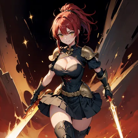 (masterpiece), expressive eyes, perfect face, 1girl, knight girl, ponytail, hair over one eye, red hair BREAK detailed green armor BREAK large breasts, Cleavage, black skirt BREAK yellow eyes BREAK holding a sword, gloves, boots, standing, smile, grin, abs...