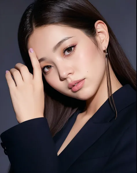 a close up of a woman with long hair wearing a black jacket, blackpink jennie, portrait of jossi of blackpink, jossi of blackpink, park ji-min, lee ji - eun, lee ji-eun, roseanne park of blackpink, heonhwa choe, popular south korean makeup, portrait of fem...