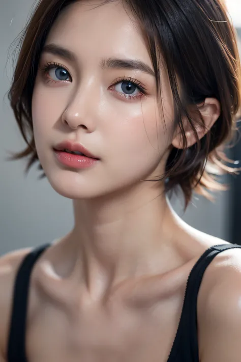 Skin Tight Black Top:1.2, Looking at Viewer, Cinematic lighting, Perfect, softlight, High resolution skin:1.2, Realistic skin texture, 30 years old mature woman、Small face、no-makeup、, off shoulders, Exposed cleavage, Blue eyes, Short hair, dark brown  hair...