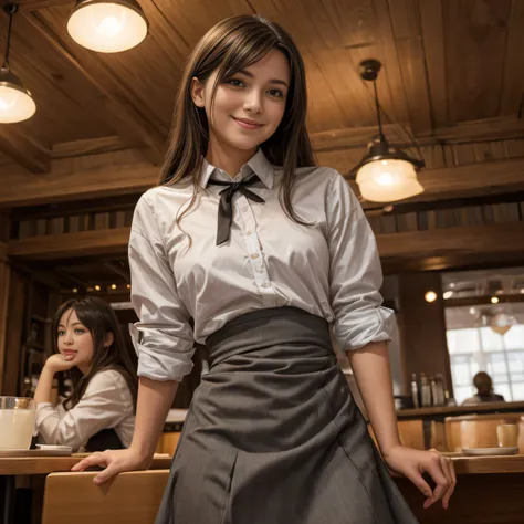 a woman, looking away, skirt, straddling table, ceiling, masturbate, shy smile, restaurant with customers,