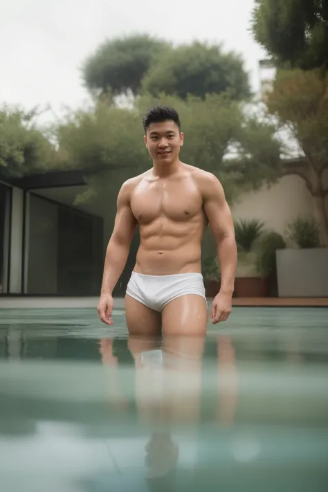 (Andrew thomas huang), (wet:1.2), oval face, neat muscular, shot from front, (((shirtless, white short shorts)))