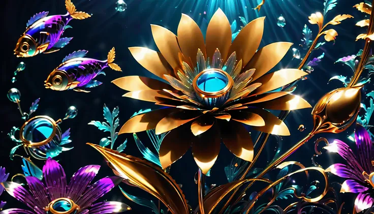 (((steampunk_metallic_garden_flowers in large_aquarium:1.4))), (((metallic_coating:1.4))), (((fusion colorful flower and metallic_texture:1.5))), (((metal shine amplification:1.6))), breathtaking contrast of light and shadow, metallic flowers glisten under...