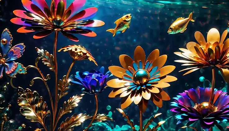 (((steampunk_metallic_garden_flowers in large_aquarium:1.4))), (((metallic_coating:1.4))), (((fusion colorful flower and metallic_texture:1.5))), (((metal shine amplification:1.6))), breathtaking contrast of light and shadow, metallic flowers glisten under...