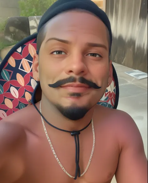 Um homem de 29 anos, com cabelos pretos curto, olhar rigoroso, e olhos castanhos, with hat. Highlight the mustache and beard in the chin area. Ele utiliza brincos masculinos